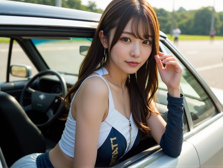 realistic,motor vehicle,ground vehicle,car,long hair,arm up,breasts,boots,outdoors,detached sleeves,clothing cutout,1girl,looking at viewer,cleavage cutout,sunglasses,hair ribbon,cleavage,beautiful japanese girl,<lora:Flux_race_queens:1.2>,<lora:jdl-flux-lora:0.5>,race queen,the costume says "GAT1",medium_shot,shoulderless costume,cowboy_shot,, RAW candid cinema, 16mm, color graded portra 400 film, remarkable color, ultra realistic, textured skin, remarkable detailed pupils, realistic dull skin noise, visible skin detail, skin fuzz, dry skin, shot with cinematic camera