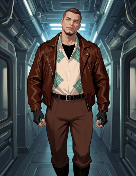 masterpiece, best quality, newest, perfect quality, best quality, detailed background, intricate details, male focus, realistic, solo, <lora:Titan AE - Joseph Korso - Illustrious_epoch_7:0.7>, titan_korso, 1boy, mature male, brown hair, very short hair, crew cut, blue eyes, multicolored goatee, brown jacket, patterned collared shirt, fingerless gloves, belt, brown pants, black boots, spacecraft interior, head tilt