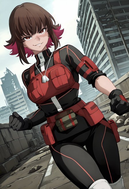 best quality, amazing quality, perfect quality, high quality, masterpiece, absolutely eye-catching BREAK
<lora:Shangri-La_Frontier_-_Rust_NH:1> ShangriRustNeph, scar on cheek, red eyes, colored inner hair, brown hair, pink hair, short hair, bangs, sidelocks BREAK
red utility vest, black bodysuit, long sleeves, sleeve rolled up, red arm pouch, black gloves, utility belt, white kneepads, white boots, dog tags BREAK
outdoors, rubble, building, sunbeam BREAK
1girl, solo, clenched hand, smirk, parted lips, cowboy shot, dutch angle, looking at viewer
