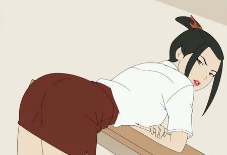 <lora:Azula_Illustrious7B:1>
<lora:Juukyuu_Style:1>,
1girl, solo, azula, black hair, topknot, hairpin, red hairpin,
brown eyes,
lipstick, makeup,
school uniform, alternate costume,
white shirt, red skirt, pencil skirt,
medium breasts, shirt tucked in, tight shirt,
ass, tight clothes,
bent over table, from behind, dutch angle, looking at viewer, looking back, crossed arms, 
masterpiece, flat colors, solid circle eyes,