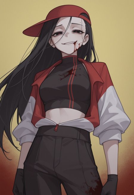 anime, masterpiece, best quality, detailed background, 8k, 1girl, solo, YiXi, black hair, long hair, black eyes, red pupils, baseball cap, red cap, sideways cap, black crop-top, jacket, red and white jacket, black gloves, black pants, parted lips, half-closed eyes, smirk, yellow background, half body, eerie, turning to viewer, staring at viewer, scary, bloodstains, covered in blood, blood on face, blood on clothes,