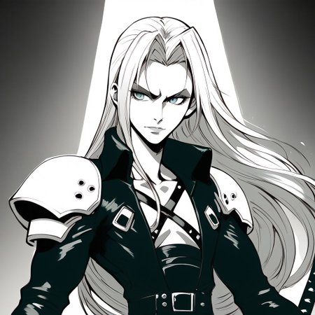 score_9, score_8_up, score_7_up, Expressiveh, upper body closeup, Sephiroth smirking condescendingly, holding a long sword, in an industrial city at night, dim street lighting, solo, beautiful, androgynous, flat chest, leather straps, broad shouldered, leather coat, smooth armor, monochrome, monochromatic, high contrast