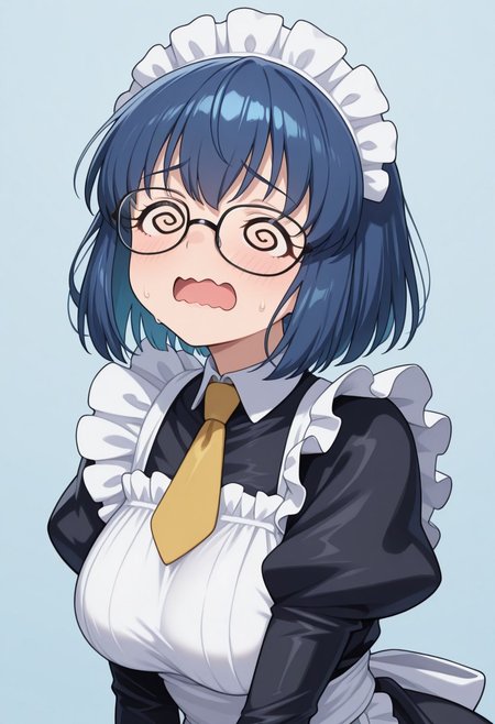 1girl,solo,cute,
Sachie Murata blue hair, short hair, blue eyes, glasses
maid, maid apron, maid headdress, thigh boots, yellow necktie
spiral-only eyes, @ @, closed eyes, defeat, dizzy, open mouth, raised inner eyebrows,wavy mouth,
looking at viewer,portrait
Simple blue background,(soft focus:1.3), 
masterpiece, amazing quality, best quality, ultra-detailed, 8K, illustration, CG, shiny hair, clear skin, ultra-detailed-eyes, eyelashes, highly detailed,