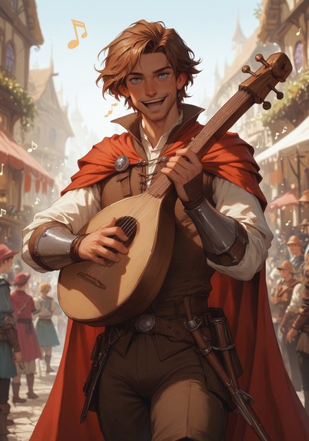 SCORE_9, SCORE_8_UP, SCORE_7_UP, SCORE_6_UP, SCORE_5_UP, g0thicPXL, Expressiveh, PRSNL4, fantasy, medieval, BREAK solo_focus, volumetric lighting, cowboy shot, looking at viewer,  Lute, playing instrument, ((musical notes)), BREAK 1boy, 40 years old, male bard, mature male, brown hair, short hair, clean shaven, dark blue eyes, white shirt, long sleeves, red vest, red shoulder cape, brown leather pants, brown vambraces, brown boots, singing, happy, medieval fantasy city, market, festival, ((crowded)), crowded market, musical notes,