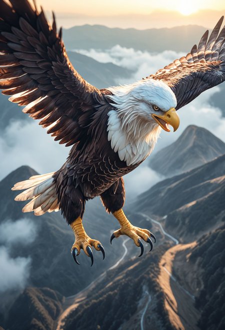 SmoothNoob_Quality, close-up, bald eagle, flying, white feathers, wings, mountainous horizon, landscape, open claws,  <lora:Smooth_Booster:0.5>​​​
