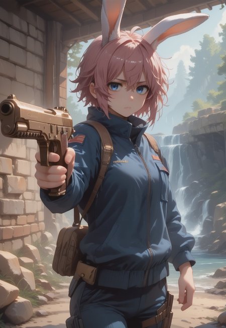 (score_9, score_8_up, score_7_up), dark, detailed art work, intricate quality, detailed shading, 2d:1.3, anime:1.3, (anime colors, smooth colors, clean lines), 1woman, (rabbit girl, kemono, pink hair, rabbit ears, short hair, messy hair), blue eyes, bags under eyes, tired, serious, blue military uniform, straps, pants, helmet, (holding rifle, rifle), action scene, color splash, zoom lines, motion lines, comic style, manga style, colored