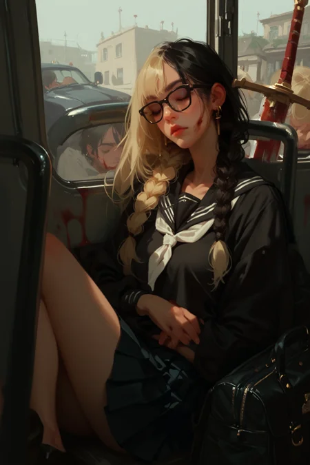 braid, twin braids, school uniform, glasses, weapon, serafuku, 1girl, skirt, sitting, earrings, black serafuku, jewelry, black skirt, long hair, blood, solo, sword, black-framed eyewear, bag, neckerchief, sailor collar, jacket, shirt, hair over shoulder, off shoulder, black shirt, pleated skirt, black hair, white neckerchief, closed mouth, lips, black sailor collar, blonde hair, (blood on clothes:1.2), bus interior, window, city street, cars, , streaked hair, sleeping, (blood1.2),, zPDXL3, detailxl,  Score_PnyReal, (lineless:1.5)