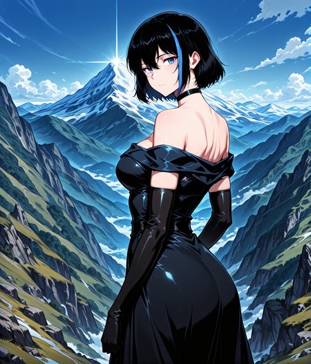 <lora:Cheon_Soyeon__The_Knight_King_Who_Returned_with_a_God__Illustrious:1>
1 girl, solo, black hair, short hair, loose hair, blue hair streak, multicolored hair, streaked hair, bangs, hair between eyes, blue eyes, large breasts
dress, black dress, long dress, cloves, elbow gloves, black cloves, bare shoulders, off shoulder, choker, black choker
score_9, score_8_up, score_7_up, source anime, BREAK,  cowboy shot, (from side), looking back, looking at viewer, overlooking mountain, high altitude, scenery, exterior, background, (solo), perfect hands, <lora:iLLMythG0thicL1nes:1>