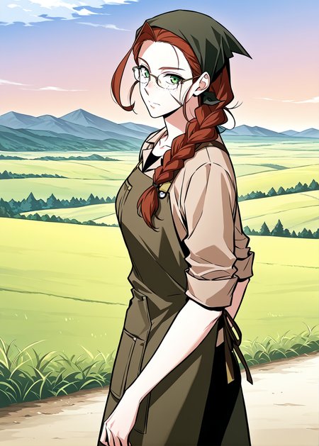 <lora:Eileen_Makefield__Omniscient_Readers_Viewpoint__Illustrious:1>
1 girl, solo, green eyes, red hair, brown hair, braid, single braid, long hair, freckles, head scarf, hair over shoulder, scar on face, braided ponytail,
black shirt, brown shirt, collared shirt, glasses, bandana, brown apron, collarbone, brown boots, sleeves rolled up, 
score_9, score_8_up, score_7_up, source anime, BREAK, cowboy shot, (from side), looking back, looking at viewer, overlooking mountain, high altitude, scenery, exterior, background, (solo), perfect hands