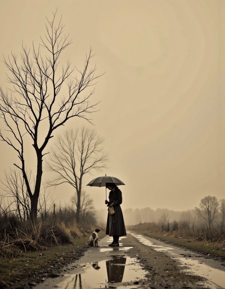 This is a sepia photograph depicting a minimalist, melancholy scene showing a woman standing on a dirt road in the rain, holding an umbrella over a small dog while she gets wet. The dog, sitting quietly at her side, stays dry. The background features an overcast sky and sparse, leafless trees, creating a somber, nostalgic mood.