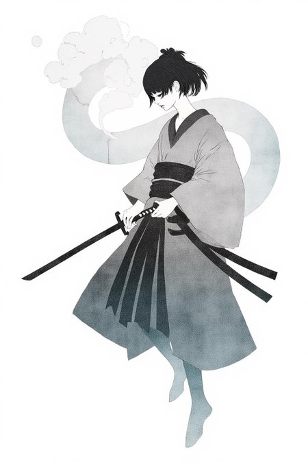 kchiba1 illustration. 
A female Japanese samurai warrior wielding a katana, blending form with reality. Glitching the surreal with blurred dreams on a white background. Woven light fuses delicatly with whispering shimmers creating a eyecatching and masterpiece artwork. drifting fog, cracked light and smokey haze in floating threads finishes the dreamlike reality. The background is stark white   <lora:kchiba1_cap_d6a3:1.0><lora:837669543859089152:0>