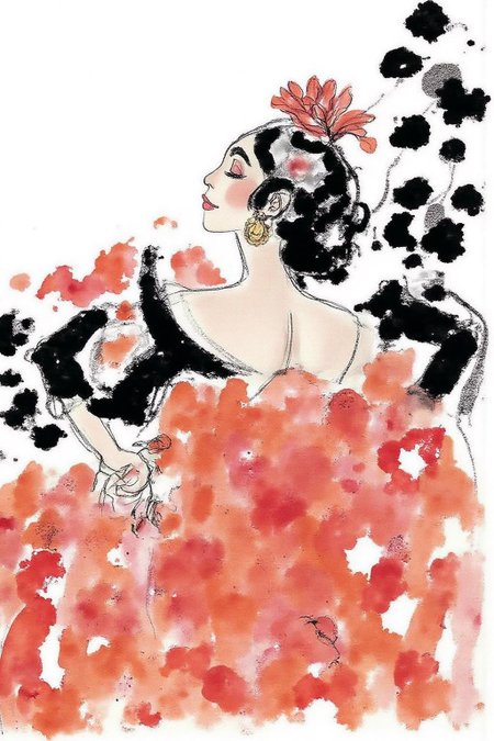 hugop1 illustration. 
Watercolor illustration depicts the back view of a flamenco dancer in a dynamic pose. The dancer is turning her head, facing sideway with her eyes closed. She has a slender, athletic build, her body arched gracefully. Her dark hair is styled in an elegant updo adorned with a vibrant red flower, adding to the flamenco aesthetic.
 <lora:hugop1_cap_d6a3e12:1.0><lora:824369773900189325:0>