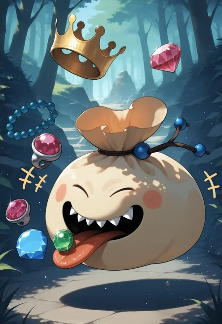 masterpiece,extreme detailed,outdoors,dungeon BREAK no humans,no_legs,full body,
BREAK goodybag_(dq),crown,no humans,gem,necklace,sharp teeth,open_eyes,tongue,<lora:goodybag_(dq)-NAI:1>,smile,closed eyes,+++,jumping,