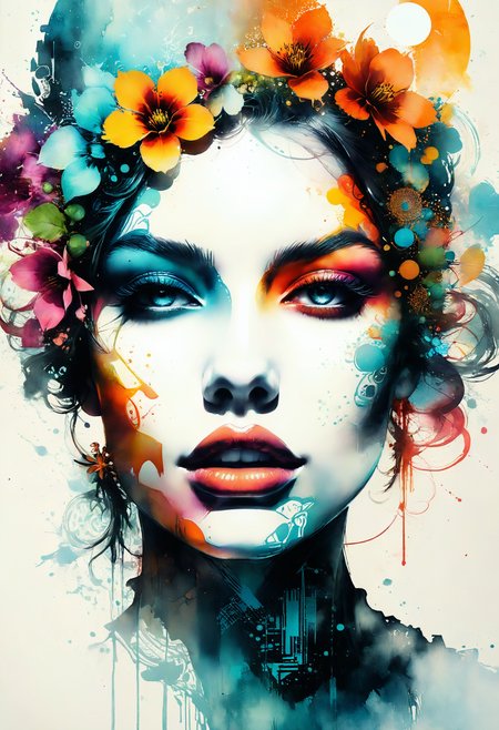 Faded Headshot, faded bottom, faded edges,
(1girl face),  close-up, 
mysterious silhouette flower woman,by Minjae Lee, Carne Griffiths, Emily Kell, Geoffroy Thoorens, Aaron Horkey, Jordan Grimmer, Greg Rutkowski, amazing depth, masterwork, surreal, geometric patterns, intricately detailed, bokeh, perfect balanced, deep fine borders
masterpiece, surrealistic, digital art, Retrofuturism painting art style, nostalgic composition, combines retro aesthetics with futuristic elements,
Technical drawing art style, precise and detailed, emphasizes accuracy and clarity, communicates complex ideas visually, geometrical pattern, triangles and magical circle, circles and squares, lines and zigzags,   character concept art, patterned background,
by Carne Griffiths, watercolor painting by Shohei Otomo, art by Hokusai, rule 63,
Aerosol paint art style, spray painted, vibrant colors, surrealistic painting, grotesque, seamless blending, dynamic compositions, bold contrasts, urban aesthetic, professional-grade results
<lora:xl_more_art-full_v1:0.8> <lora:add-detail-xl:0.8>
<lora:FadedHeadshot:0.9>