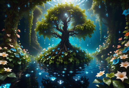 creeping wild ivy,bright light sparkle in water, flowers with small petals, glowing trees  , ultra detailed, oil, Dramatic lighting, by Giovanni Bellini, Unreal Engine, Point-of-view perspective, Made of crystal, Rangefinder camera, Blue filter, Mystery scene --quality 5 --hd