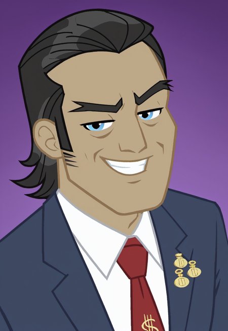 safe_pos, safe_pos, score_9, score_8_up, score_7_up, source_anime, rating_nsfw, ultra hd, absurdres, solo, 1boy, masterpiece, best quality, best aesthetic, Expressiveh, wolfconf,

MLPFilthyRich, red necktie, black hair, human, money bag pin, white shirt, jacket, formal, portrait, headshot, smiling, looking at viewer