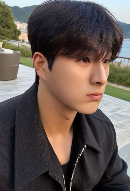 <lora:AsianGuy:1>, AsianGuy, (nodaeng:1.5),  masterpiece, ultra-HD, cinematic lighting, photorealistic, (impressionism:1.5), high detail, depth of field, (blurred background), (dramatic lighting),masterpiece, best quality, very aesthetic,8k,masterpiece, best quality, realistic, masterpiece, best quality, 8k,
, simple_background, short hair, asian boy, handsome man, korean man, extacy on face,, male focus, (best quality, 8K, high resolution, extreme detail, outstanding composition:1.4), Young man, wearing a black jacket, dark pants, relaxed pose, casual style, sitting outdoors, on a patio with stone wall, city buildings in background, natural sunlight, outdoor setting, photorealistic style, medium shot, subject positioned center, facing slightly to the viewer, sharp focus, clear composition, vibrant colors, (detailed skin texture:1.2), outdoor cafe setting, calm atmosphere, clear day, high detail, BREAK ((insanely handsome boy)), ((detailed face))), (((perfect detailed handsome face))), brown hair, dark blue eyes, crew cut hair, Sicily, Italy, Mediterranean landscape, BREAK Technicolor style, Classic Film Noir style, 1950's Technicolor style
