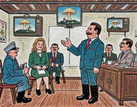 painting in style of Josef Lada. A smiling anchorman and an anchorwoman present the news in a television studio,in the background are television screens showing nuclear mushrooms over the world's capitals
 <lora:joseflada:0.9>