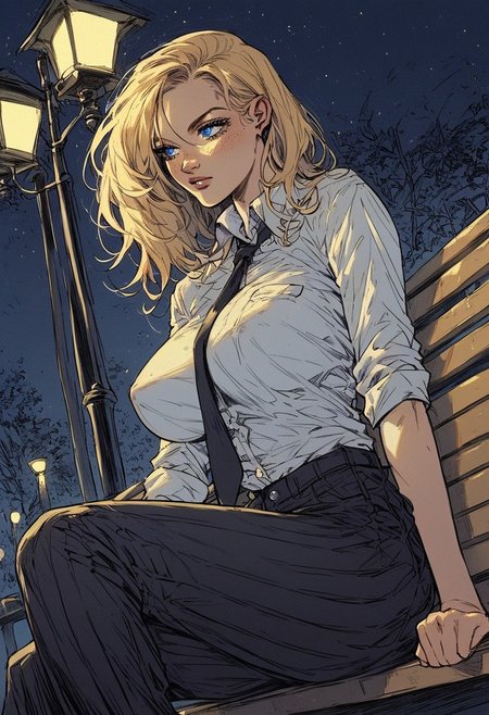 score_9, score_8_up, score_7_up, score_6_up, score_5_up, score_4_up, rating_explicit, source_western,  Ellie Buckingham, ((Bright Blond hair)), Blond Hair, Blond Bright blue eyes. Very large breasts, torpedo breasts, humongous breasts Western Style Artwork. Bold Lines, 
1 girl, sitting outside, on bench, street bench, night time, street lamp post, street lamp shining down, black pleated pants, ((white)) business shirt, tie, , looking away
flat color, dark theme
sinozick style
dutch angle
1dk
