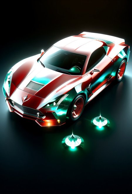 A futuristic car made entirely of transparent crystal that has  hints of a 1955 Corvette sting ray convertible. It is  entirely made out of transparent red glass crystal with a depth that reflects what looks like the universe of galaxies and stars, ultra detailed, enhanced, prismatic colors, render, CRU, sharp, 8k, octane render, cinema 4d, blender, dark, atmospheric 4k ultra detailed, cinematic, Sharp focus, big depth of field, Masterpiece, colors, 3d octane render, 4k, concept art, hyperrealistic, Vivid colors, extremely detailed 8k wallpaper, Intricate, High Detail. Car has square LED headlights, a glowing LED Sting Ray  emblem. LED running lights  Car is in a futurist high tech dealer showroom on a circular platform that is lit from below. The car has several spotlights on it which only enhance the crystal.  camera is looking down and sideways as the car. emeraldmorph