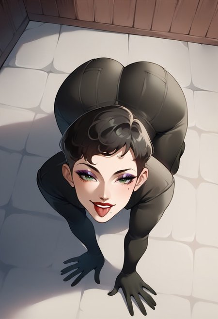 score_9, score_8_up, score_7_up, source_anime, ((1girl)), yurikosmtiv, black hair, short hair, lipstick, mole under eye, makeup, green eyes, black bodysuit, night, medieaval town, natural lighting, on all fours, big butt, tongue out, ass focus, from behind, high angle, ephoric smile, joyful face, looking behind, looking at viewer, blissfull, full body shot, easynegative