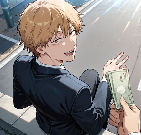 masterpiece,best quality,anime coloring,anime screenshot,
<lora:add-detail-xl:0.5>
<lora:sugar_dating:0.5>sugar_datingV1,
(sitting:1.2), holding money,from above, from behind,open mouth, happy, 
pov hand  holding money, giving money,outdoors, day,sunlight, street, 
1boy,male focus, suit, 
BREAK
chainsaw man,official style,  official art, 
denji \(chainsaw man\), 
20YO, milf,adult couple,