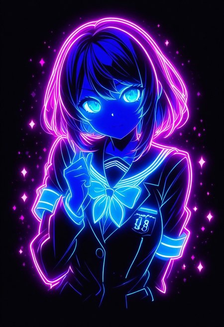 score_9, score_8_up, score_8_up, 1girl, school uniform, neon, black background, bright and dynamic composition,vibrant color palette, high contrast, glowing outlines