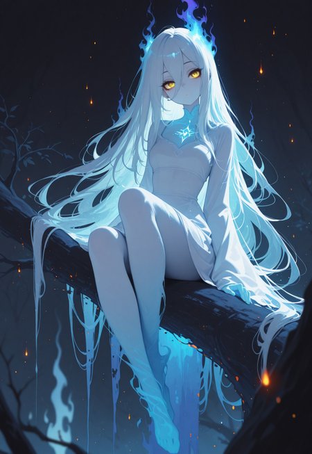 masterpiece, best quality, amazing quality, very aesthetic, absurdres, newest, disney animation, (depth of field), solo, female, white ghost monster, yellow eyes, ethereal, head tilt, (curious), no mouth, sitting on tree branch, night,
Cinematic close-up portrait of a dangerously alluring ghost monster, her gaze both charming and hypnotically seductive. Her full lips curl into a knowing smile, her piercing eyes glowing with dark aura. Her long, flowing hair shimmers with an unnatural, enchanting, and ghostly motion, infused with strands of dark aura. The moody lighting casts deep shadows, highlighting the sharp contours of her face, while floating embers and swirling mist enhance the dark, mystical atmosphere. Ultra-detailed, cinematic lighting, high-resolution. 
abstract, detailed, glowing stars, background, glitch, flat color, no lineart