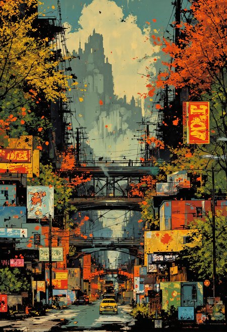 By Martin French. Create a vibrant and intricate illustration in the distinctive style of Martin French, featuring a bustling urban landscape filled with dynamic visual symbols and marks. The scene should capture the essence of Portland, Oregon, with its iconic bridges, lush greenery, and diverse architecture. Incorporate a blend of modern and vintage elements, using a rich color palette that evokes both the energy of the city and the tranquility of nature. Ensure the composition includes subtle, intricate details that reward close inspection, reflecting the artist's ability to transform everyday symbols into powerful, engaging visuals. The final piece should embody a sense of unity between artistic vision and cultural involvement, showcasing the interplay of marks, signs, and symbols that define Martin French's unique aesthetic. <lora:Martin_French:0.85>, aidmafluxpro1.1 <lora:aidmaFLuxPro1.1_v0.3:0.7>,  <lora:Luminous_Shadowscape:0.65>, Motion blur <lora:flux dtmh:0.6>, in the style of Jed-clrfl <lora:flux-colourful:0.5>