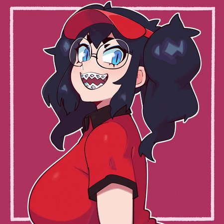 t1ps woman, twintails, glasses,  blue eyes, t1ps teeth, pt shirt, braces, close up, pt visor, from side <lora:tips_r128_02_resized:1>