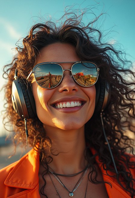 photorealistic photography of a  woman with bouncy curly hair, wearing reflective aviator sunglasses and oversized headphones, wind sweeping through her hair, confident and joyful expression, clear blue sky with dynamic clouds, ultra-detailed rendering, photorealistic textures in her jacket and accessories, vibrant and lively color palette, hyper-realistic skin with natural freckles, dynamic lighting, cinematic composition, detailed reflections in the sunglasses, lively urban background, glowing sunlight, dynamic movement, modern and upbeat vibe, warm tones



The woman characteristic are dark skinned, long eyelashes, thick lips, thick eyebrows, tall, beautiful large round eyes, large breasts, long hair, two toned colored hair, extremely long bangs,  brown eyes. She is wearing a JBL wireless headphones, necklace, ring, neck tattoo, piercing, bracelet, fake nails,

extremely intricate details, cinematic lighting and effects, dynamic pose, extremely intricate background details, solar flare, light reflection from aviator sunglasses.

The woman looking at viewer smiling.