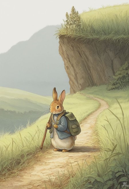 Score_9,  ,  in the style of Beatrix Potter,  Rabbit with a backpack, toolset, going to fix the hillside