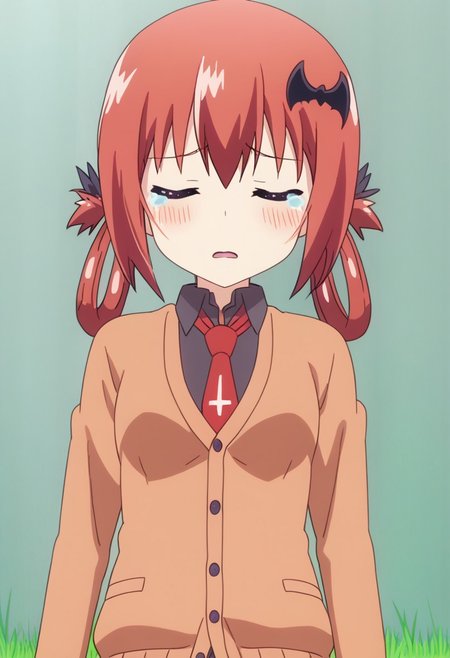 anime screencap, cowboy shot, upper body,
sad, crying, tearing up, rubbing eyes,
satanichia kurumizawa mcdowell,1girl,solo,long hair, bat hair ornament,hair ornament,necktie, hair rings, cardigan, school uniform, closed eyes, frown, 
blush, open mouth, 
BREAK 
outdoors,school building,grass,three,school yard,
leaning against a wall