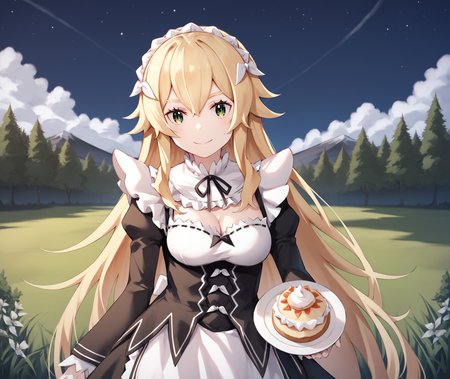 score_9, score_8_up, score_7_up, highres, hi res, best quality, masterpiece, 2d, intricate details, 4k, anime coloring, shadow, uncensored,
1girl, solo, female, closed mouth, smile, long hair, blonde hair, ribbon, hair between eyes, very long hair, green eyes, 
breasts, medium breasts, 
long sleeves, dress, cleavage, frills, alternate costume, black dress, apron, maid, maid headdress, cosplay, neck ribbon, black ribbon, juliet sleeves, white apron, maid apron, enmaided, roswaal mansion maid uniform,
cowboy shot, upper body, 
outdoors, on grass, field, depth of field, mountain, horizon, outdoors, forest, field, night, sky, night sky, star \(sky\), starry sky, <lora:Frederica_Baumann_1024_Pony:1>, frederica baumann, re:re:zero kara hajimeru isekai seikatsu,