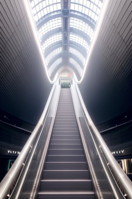 coop-himmelblau subway stairs, long shot, distant view, nobody, with pants and a sweater and shoes