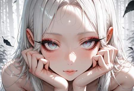 artist_moriimee, thick eyelashes, long eyelashes, makeup, aegyo sal, tareme, agm-illu, masterpiece, best quality, good quality, newest, highres, cinematic, volume light, close up face, 1girl, glowing grey eyes, head on hand, naked, forehead, long white hair, blacklight, perfect hand,
BREAK
scenery. moonlight, falling leaves, background,