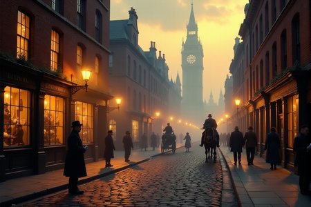 "A cobblestone street in Victorian London at dusk, illuminated by the warm, golden glow spilling from the windows of bustling shops and gas lamps lining the foggy street.  Horse-drawn carriages and pedestrians in period attire navigate the wet stones, their figures softened by the gentle mist. In the foreground, a rosy-cheeked newsboy in a tattered cap hawks the evening papers, his voice echoing softly in the atmospheric air.  Above, the towering silhouettes of grand buildings are just visible through the fog, hinting at both prosperity and mystery. Capture the scene in the style of Thomas Kinkade, emphasizing the warmth of light against the cool, misty evening, using soft, glowing highlights and a rich, inviting color palette of deep reds, browns, and muted golds.  Painterly brushstrokes, detailed textures of cobblestones, brickwork, and fog, cinematic lighting, nostalgic and heartwarming atmosphere, evoking a sense of Victorian charm and Dickensian London at twilight, 8k resolution, oil painting effect, visually stunning and emotionally evocative."âââ