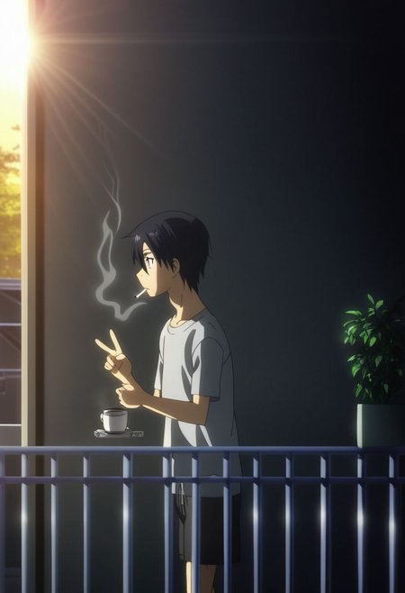 high resolution, professional photography, solo, best quality, 1Boy, Kazuto Kirigaya, Black Hair, Black Eyes, home balcony, morning, soft sunlight, cigarette, coffee, v-neck t-shirt, shorts, potrait, looking away, OverallDetail