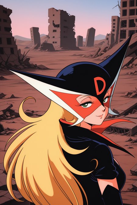masterpiece, best quality, amazing quality, absurdres, doronjosama, mature female, solo, looking at viewer, smile, half-closed eyes, upper body, from behind, looking back, closed mouth, mask, blonde hair, green eyes, black elbow gloves, black coat, outdoors, wasteland, ruins, (retro artstyle, 1970s \(style\):1.2)