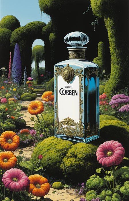 masterpiece,best quality,<lora:tbh235-sdxl:0.5>,illustration,style of Richard Corben, A bottle of perfume in garden