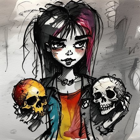 corcoc4s punk girl holding human skull,  very detailed, colorful <lora:corcoc4s:1>