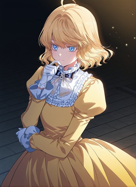 <lora:Heresy_Inquisitor_Female__SSS_Class_Suicide_Hunter__Illustrious:1>
1 girl, solo, blue eyes, short hair, wavy hair, blonde hair, fluffy hair, loose curls, ahoge, parted bangs, soft volume, slightly messy,
elegant yellow dress, long puffed sleeves, white frills, ruffled collar, bow tie, floor-length skirt, formal gown, aristocratic dress, white gloves, 
masterpiece, best quality, intricate details, gothic fantasy, upper body portrait, dramatic pose, confident gaze, cinematic lighting, clean background, glowing magical particles, detailed face, vibrant colors