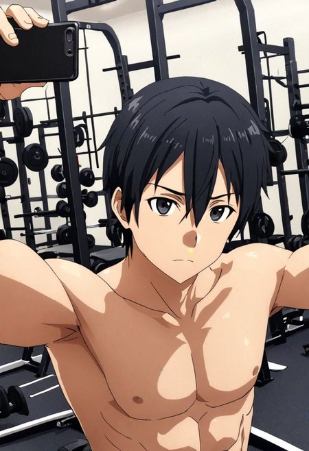 high resolution, solo, best quality, 1Boy, Kazuto Kirigaya, Black Hair, Black Eyes, Gym, sixpack, shirtless, selfie, OverallDetail