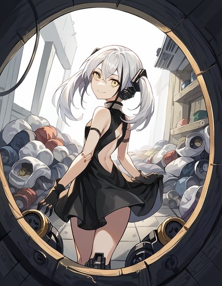 score_9, score_8_up, score_7_up, source_anime, <lora:girlsfrontline-destroyer-ponyxl-lora-nochekaiser:1>, destroyer, white hair, black hair, streaked hair, yellow eyes, cross bangs, multicolored hair,, android, bare shoulders, clothing cutout, dress, gloves, joints, mechanical legs, robot, robot joints, side cutout, twintails,, messy room, clutter, clothes on floor, disorganization, laundry, smile, <lora:shaft-look-ponyxl-lora-nochekaiser:1>, shaft look, looking back, from behind, head tilt,, looking at viewer, solo,, dutch angle, cowboy shot