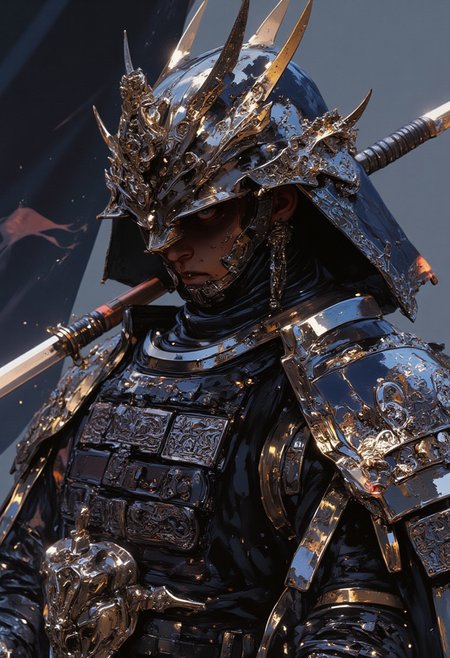 A hyper-detailed close-up of a Japanese samurai warrior in avant-garde armor, with dark lacquered plates and intricate gold accents. His face is obscured by a helmet, its sharp, angular lines and metallic finishes reflecting both traditional and futuristic elements. The helmet's ornate crest and glowing gold inlays enhance its imposing design, adding to the warrior’s mystique. The armor is crafted with layered segments, each engraved with symbolic patterns and highlighted with subtle gold accents along the edges of the shoulder plates, bracers, and breastplate, featuring floral and geometric motifs. His gauntleted hands grip the hilt of a katana, its blade reflecting the surreal, slanted landscape around him. A flowing black cloth trails behind him, creating dynamic movement. Lighting emphasizes the intricate textures of his armor, casting dramatic shadows that highlight the fine details. Captured with a Canon EOS R5, 85mm f/1.2 lens at f/1.8 aperture, focusing on the warrior’s armor and katana, with a shallow depth of field that blurs the background. Rendered at 8k resolution, every intricate detail, from the etched designs in his armor to the subtle reflections on his katana, is brought to life, highlighting the samurai’s formidable presence in this surreal, off-kilter setting.
