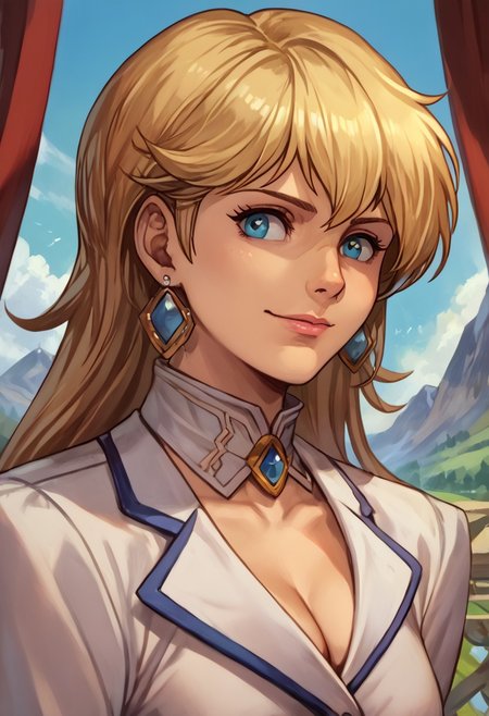 score_9, score_8_up, score_7_up, source_anime,
, (best quality) , (highly detailed) ,masterpiece ,absurdres ,detailed face ,beautiful face ,
<lora:pony_xl_Hildegard:0.8>, Hildegard, score_9, score_8_up, 1girl, mature female, kawaii, solo, long hair, earrings, dark-blonde hair, female adventurer outfit, hair ribbon, gloves, cleavage, black pants, dynamic pose, dynamic angle, light smile, happy, looking at  viewer, mountain landscape,
best quality, masterpiece, very aesthetic, portrait, upper body,
OverallDetail