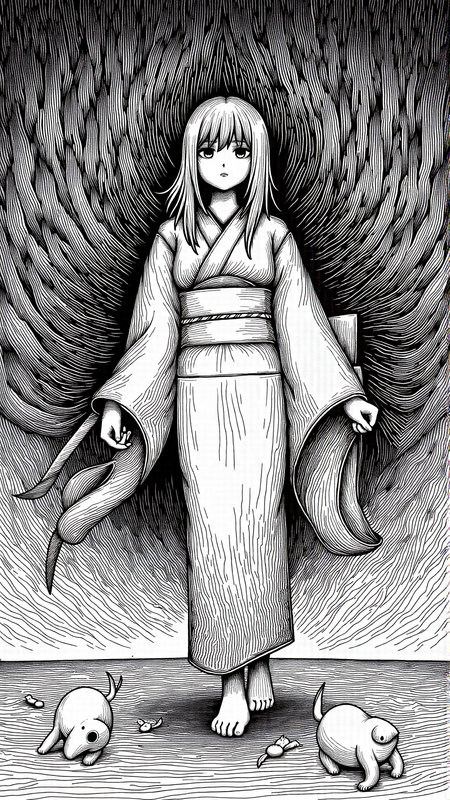 monochrome, lineart, dark, horror, Yukata<lora:vorticaFlux:0.9>