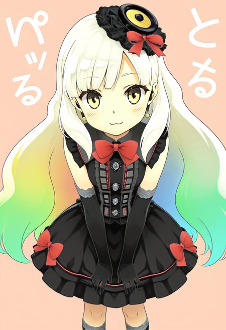 masterpiece, best quality, 1girl, solo,  zzMayu, yellow eyes, blonde hair, gradient hair, green hair, hair ornament, long hair, multicolored hair, rainbow hair, white hair,   dress, bow, hat, elbow gloves, kneehighs, lfashion, gothic,   smile, :3, leaning forward, portrait, close up, foreshortening,  narrow waist, cute background,  , <lora:MAYULoveLogic_IXL:1.0>,