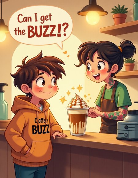 A cute, stylized coffee shop scene with a warm, morning glow illuminating the space. A cheerful, slightly sleepy person stands at the counter, wearing an oversized hoodie with a quirky coffee slogan and tousled hair. They have big, hopeful eyes and are leaning toward the barista with a playful, determined grin, as if theyâre about to ask for a secret weapon. Above them, a hand-drawn speech bubble reads: "Can I get the BUZZ?" in fun, bubbly lettering.
The barista, with a bright smile, colorful tattoos, and a twinkle in their eye, is mid-motion creating an elaborate coffee drink, complete with frothy whipped cream, a drizzle of caramel, and a sprinkle of espresso powder. The scene has a cozy, cartoonish vibe, with soft, round edges, pops of warm colors, and little sparkles around the coffee cup to emphasize the magic of that perfect caffeinated "BUZZ." The air seems to hum with energy as the drink is passed over the counter, filling the whole scene with warmth and excitement.