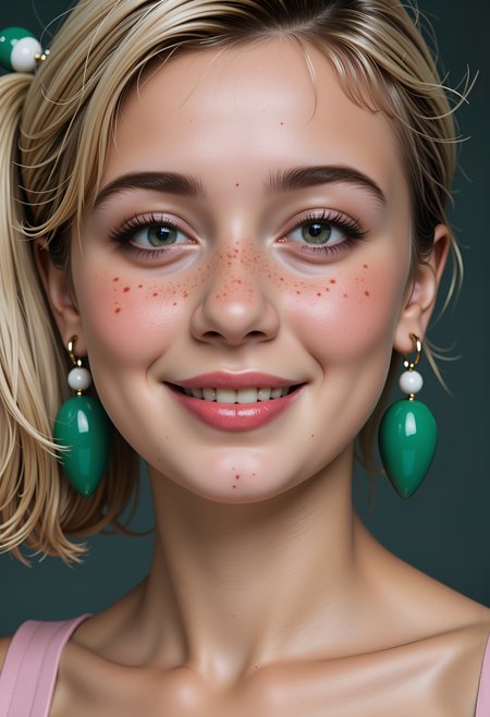 (monica woman:1.2),  beauty shot, (breathtaking closeup portrait of beautiful monica:1.2),  (amazind detailed cute face, erotic eyes, snub nose, blonde hair, stacked bob hair, smiling longingly, looking at viewer, blush, freckles, mole on face, lipstick, kissable lips, kinky big green plastic earrings, plastic brooch:1.2)   masterpiece of art:1.2),  highest quality, 32k, intricate details, <lora:flux_monica_woman_fictional_epoch_5:0.85>, , , , ,